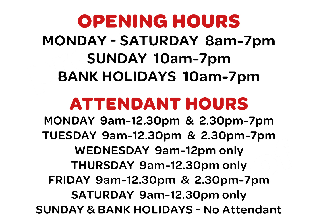 Official opening hours poster for Washing Well Launderette showing daily operating times, bank holiday hours, and attendant service schedule